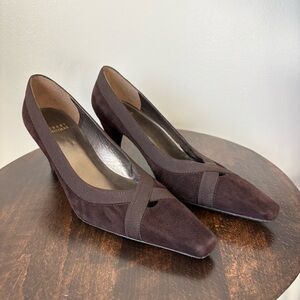 Stuart Weitzman Brown Suede Pointed Toe Kitten Heel Cross Straps